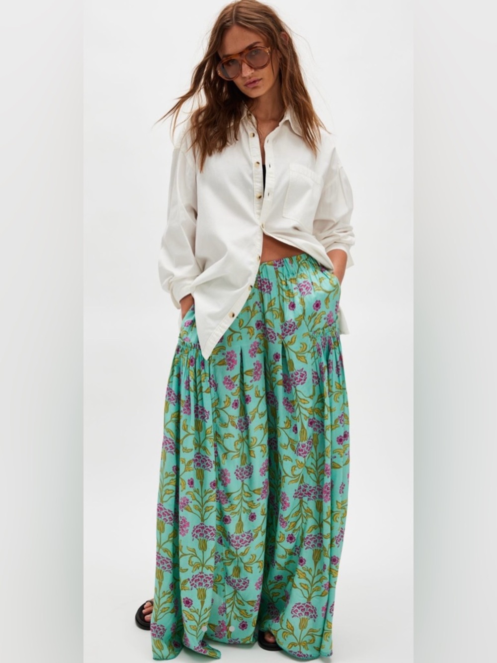 NWT Free People S So Charming Wide Leg Pants in Sea Glass Combo Green New $148 - Picture 2 of 6
